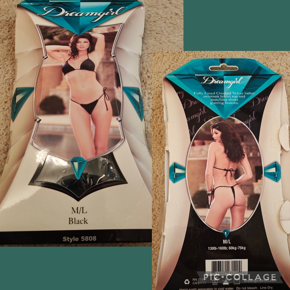 New Dreamgirl Crushed Velvet Halter Bikini Top w Matching Slider G-String Bottom